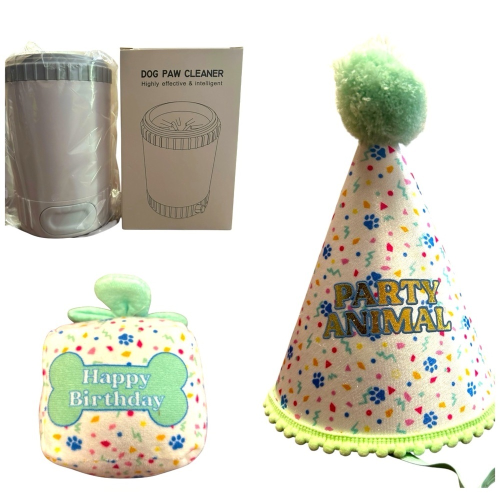 DOG 🐶 3-pc Birthday Bundle:Party Animal Hat🎉,Birthday Toy, & Paw 🐾 Cleaner, NWOT